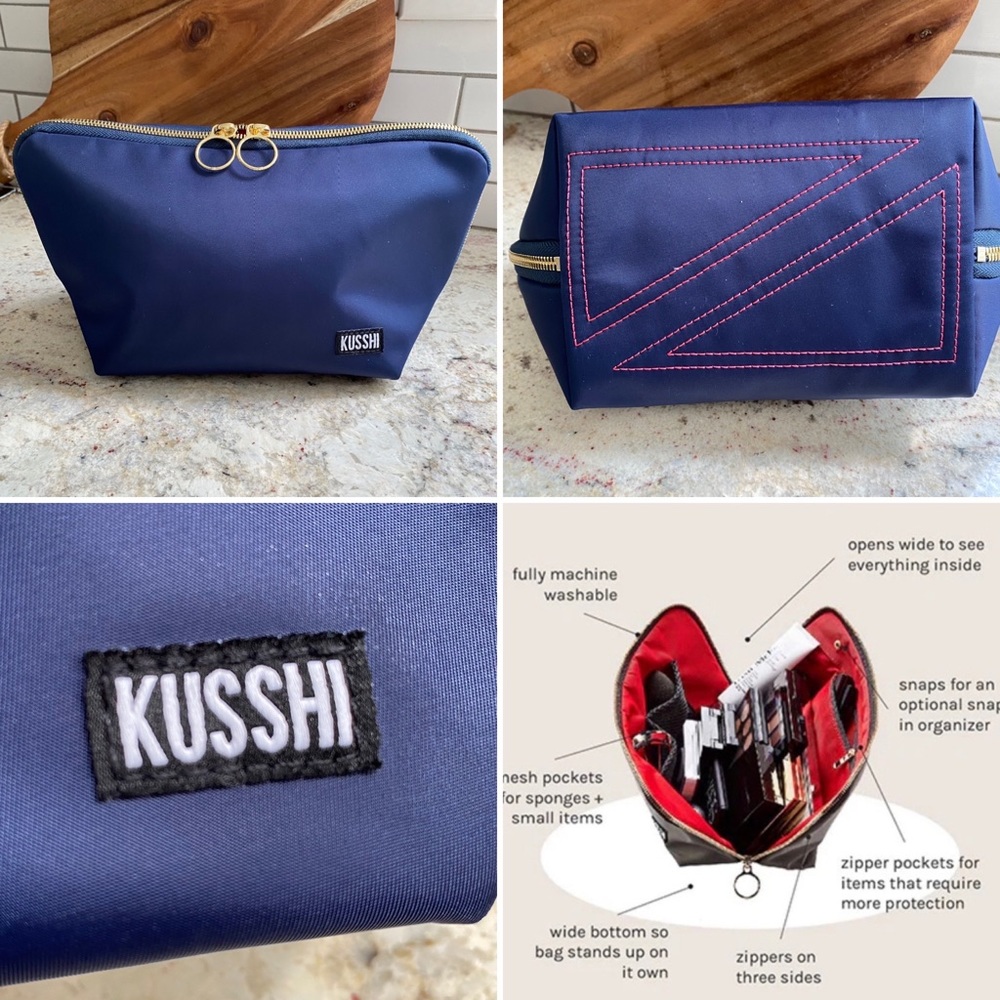 Kusshi Navy Blue & Hot Pink makeup bag Signature size NEW!